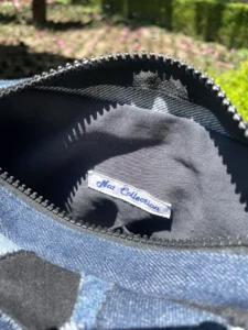 Intérieur d’un sac patchwork avec doublure noire et étiquette Nat Collection